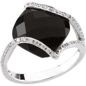 14K White Natural Black Onyx & 1/5 CTW Natural Diamond Ring