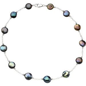 Sterling Silver Freshwater Cultured Black Coin Pearl 18" Necklace