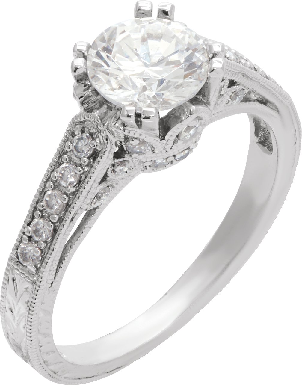 14K White Gold 1/4 CTW Natural Diamond Semi-Set Hand-Engraved Engagement Ring 
