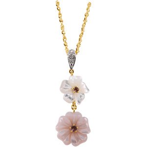 14K Yellow Natural White & Pink Mother of Pearl, Natural Pink Tourmaline & .005 CTW Natural Diamond Flower 18" Necklace