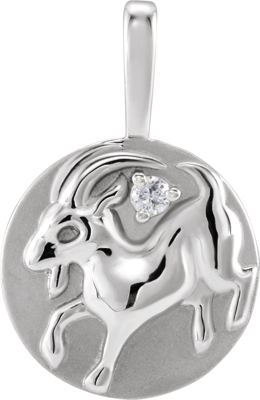 14K White .015 CT Natural Diamond Chinese Zodiac Goat Pendant