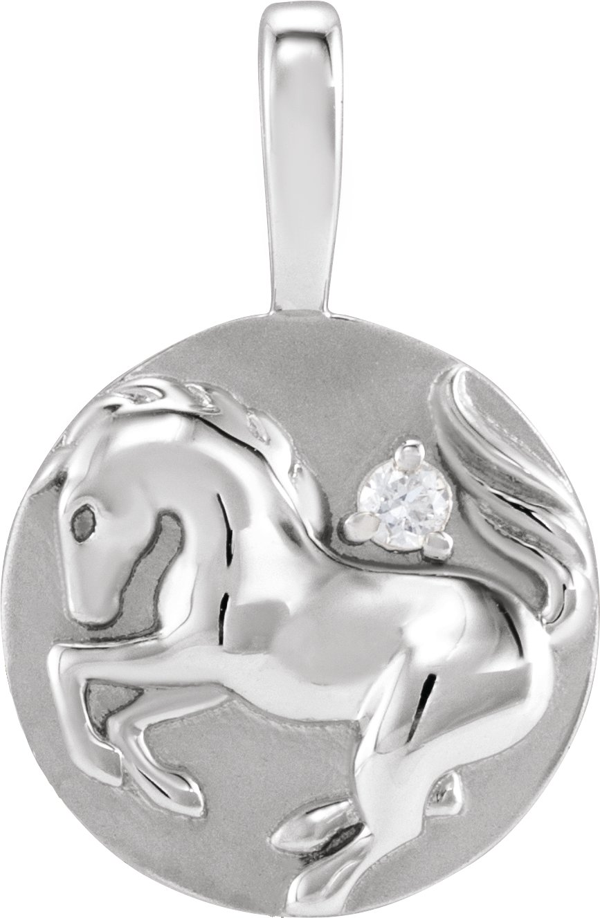 14K White .015 CT Natural Diamond Chinese Zodiac Horse Pendant