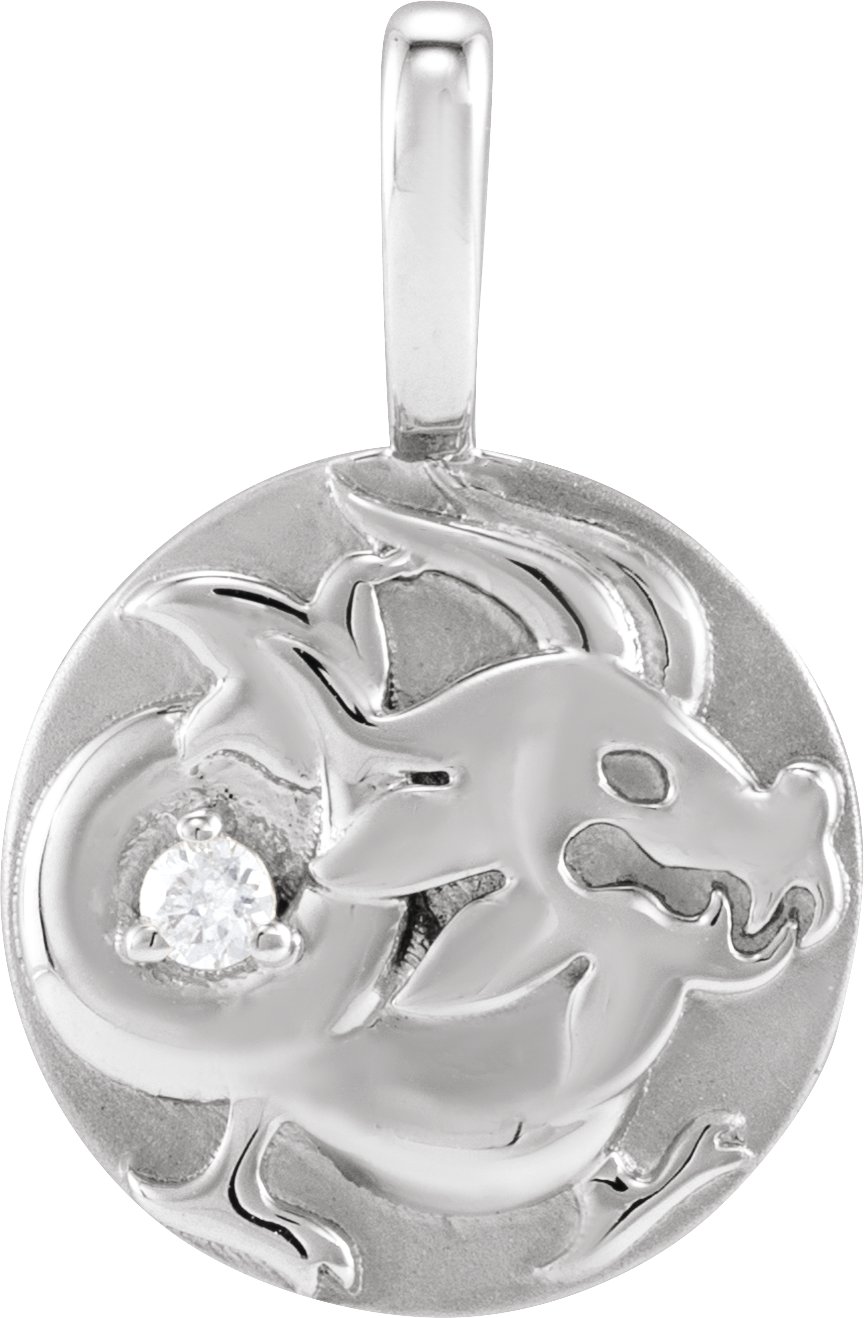 14K White .015 CT Natural Diamond Chinese Zodiac Dragon Pendant