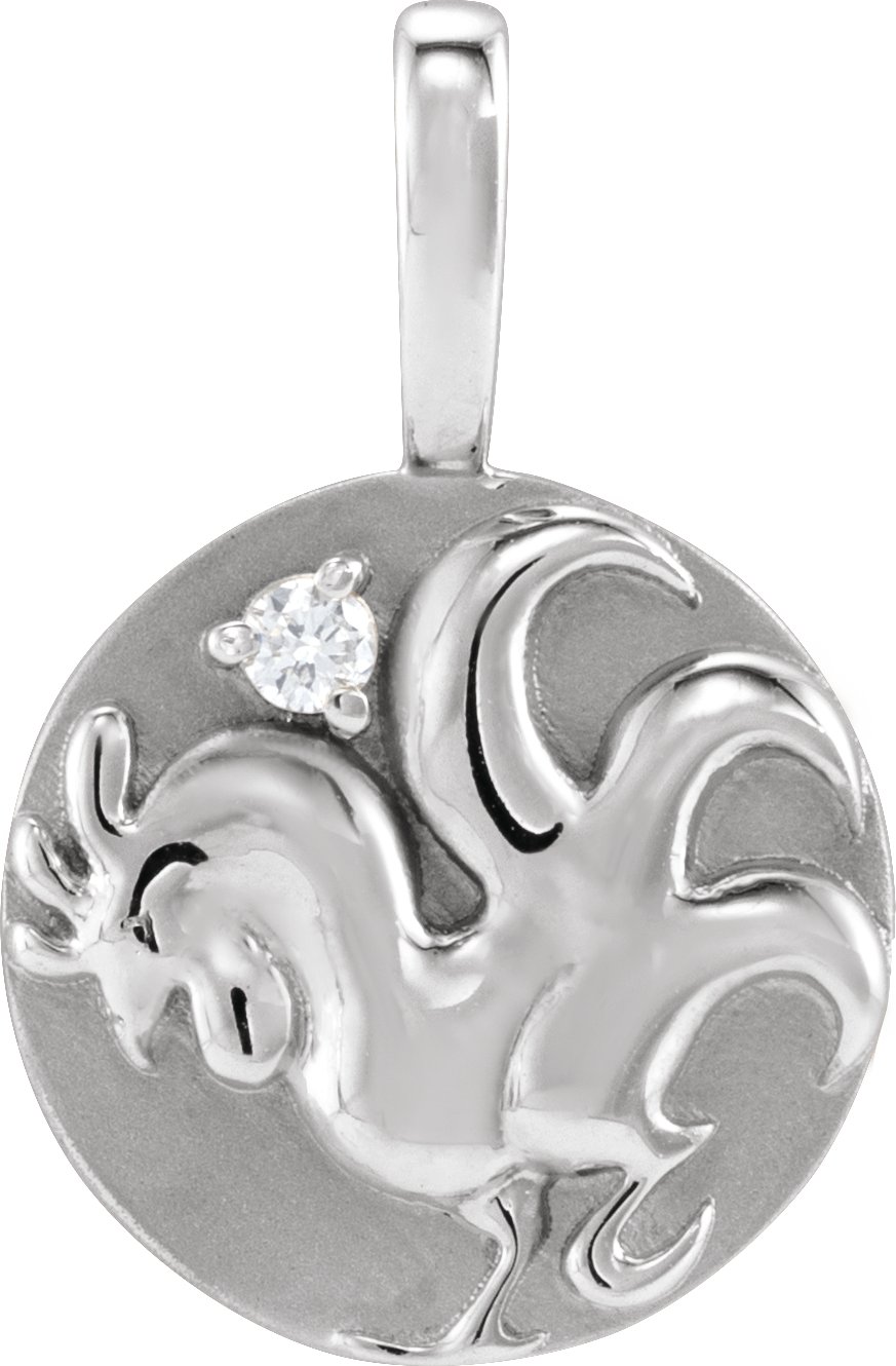 14K White .015 CT Natural Diamond Chinese Zodiac Rooster Pendant