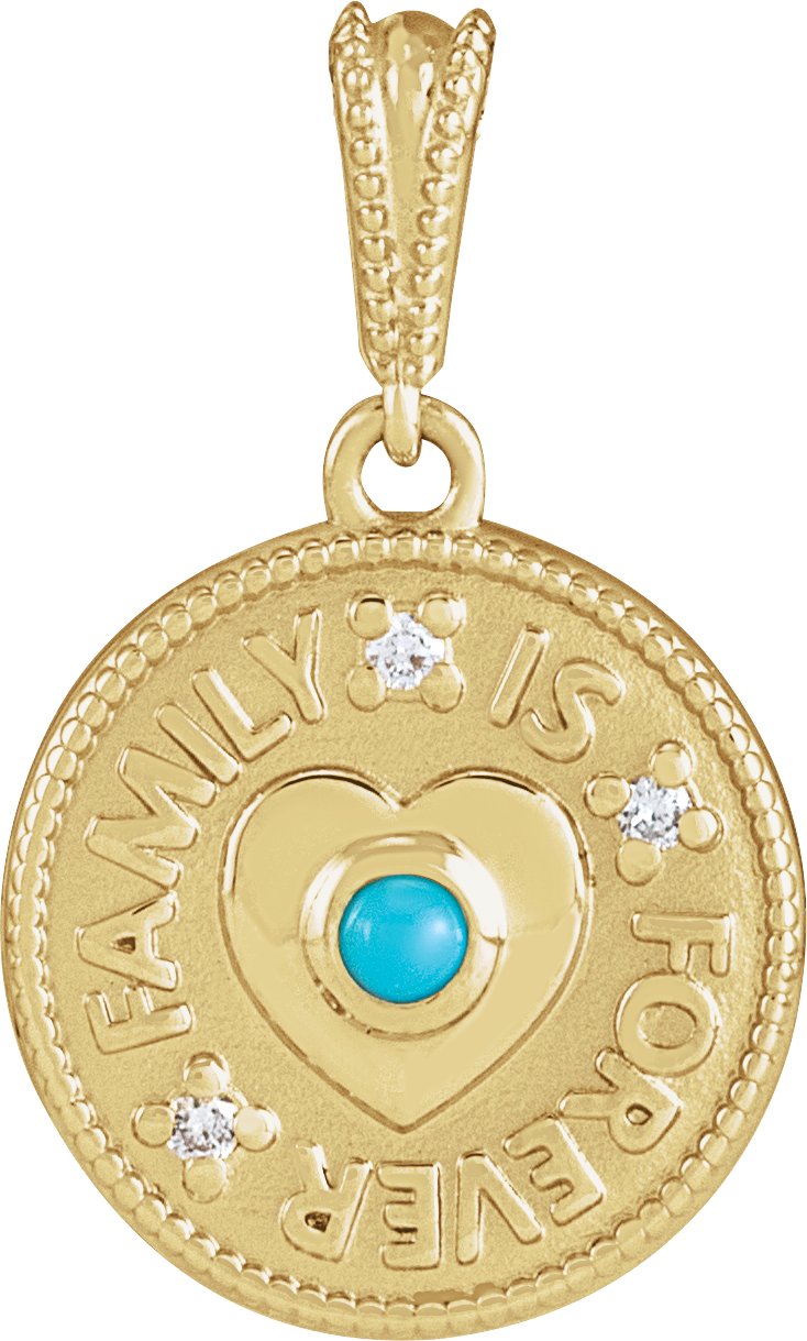 14K Yellow Cabochon Natural Turquoise & .02 CTW Natural Diamond Family is Forever Pendant