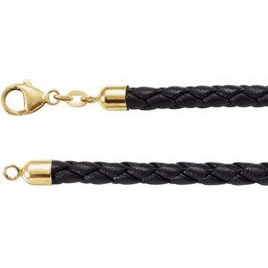 Black 5 mm Braided Leather 18" Cord with 14K Yellow Lobster Clasp