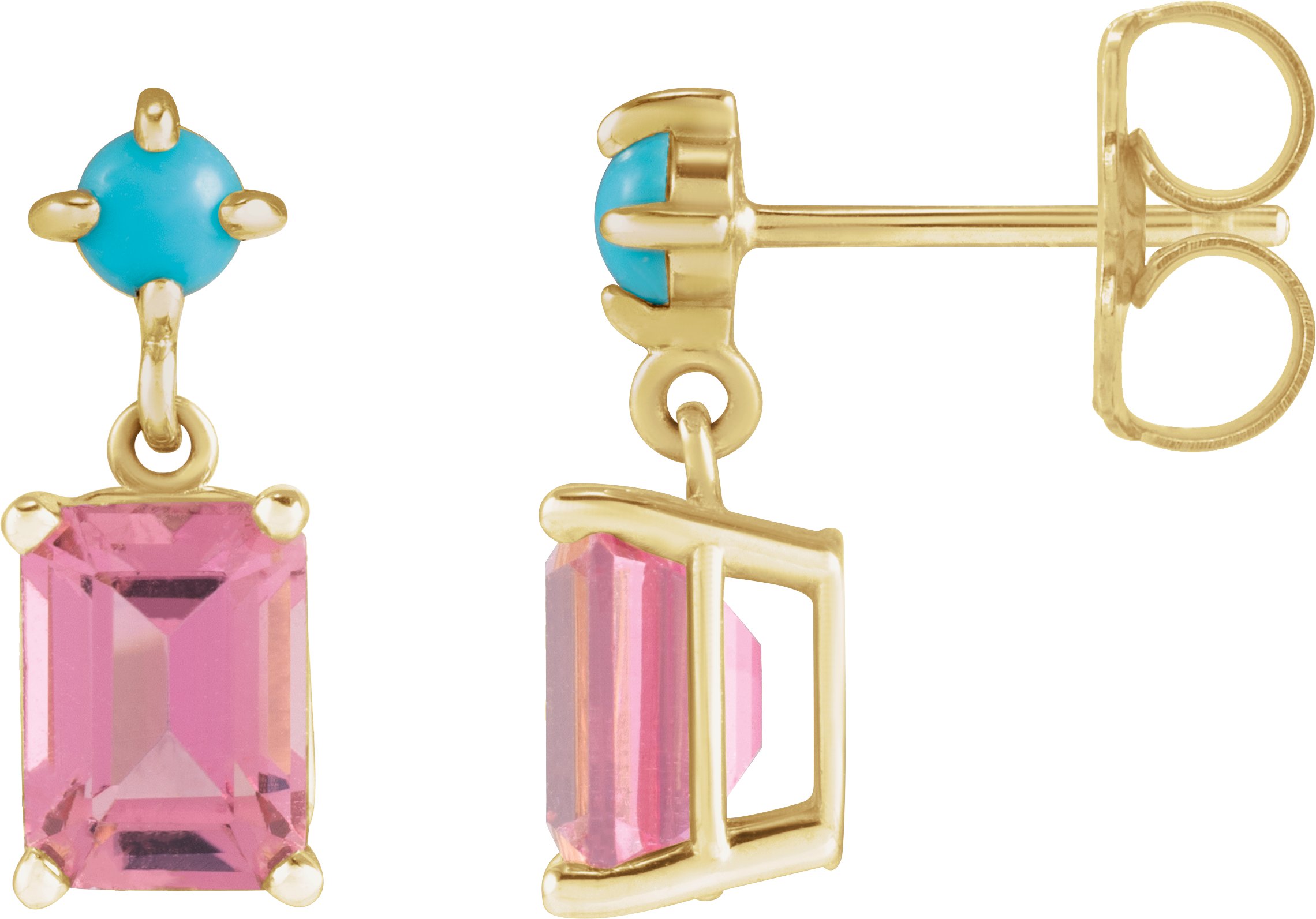 14K Yellow Natural Pink Tourmaline & Natural Turquoise Earrings