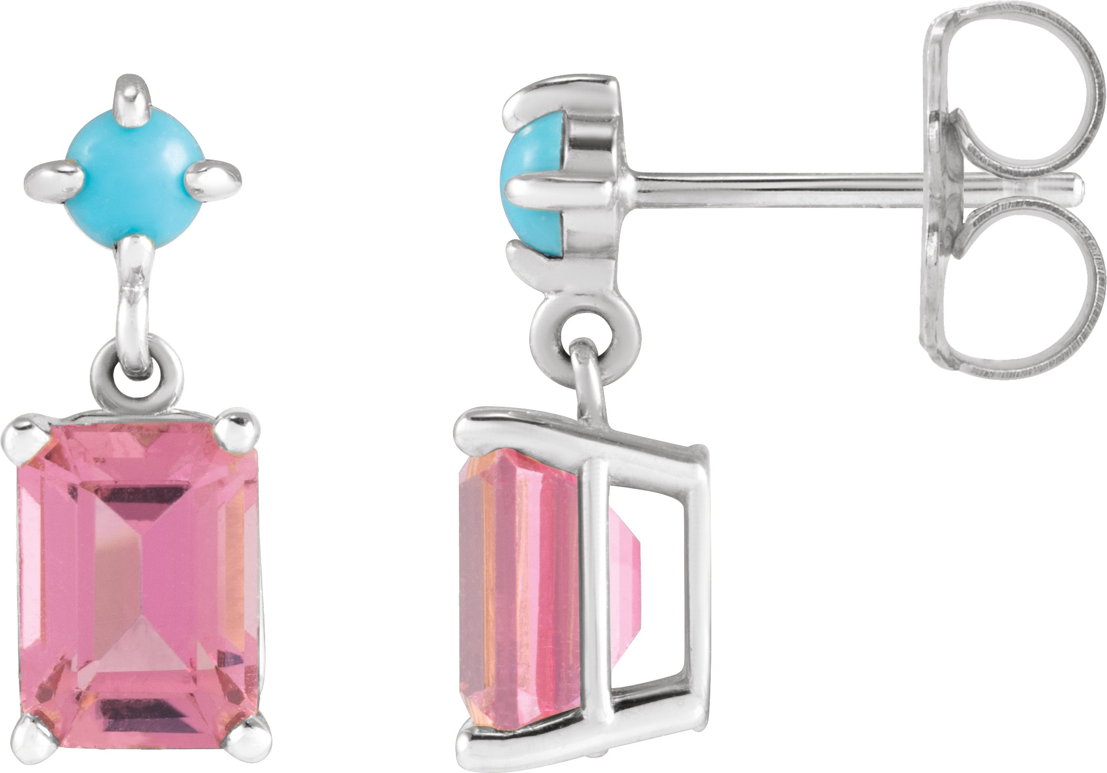 14K White Natural Pink Tourmaline & Natural Turquoise Earrings