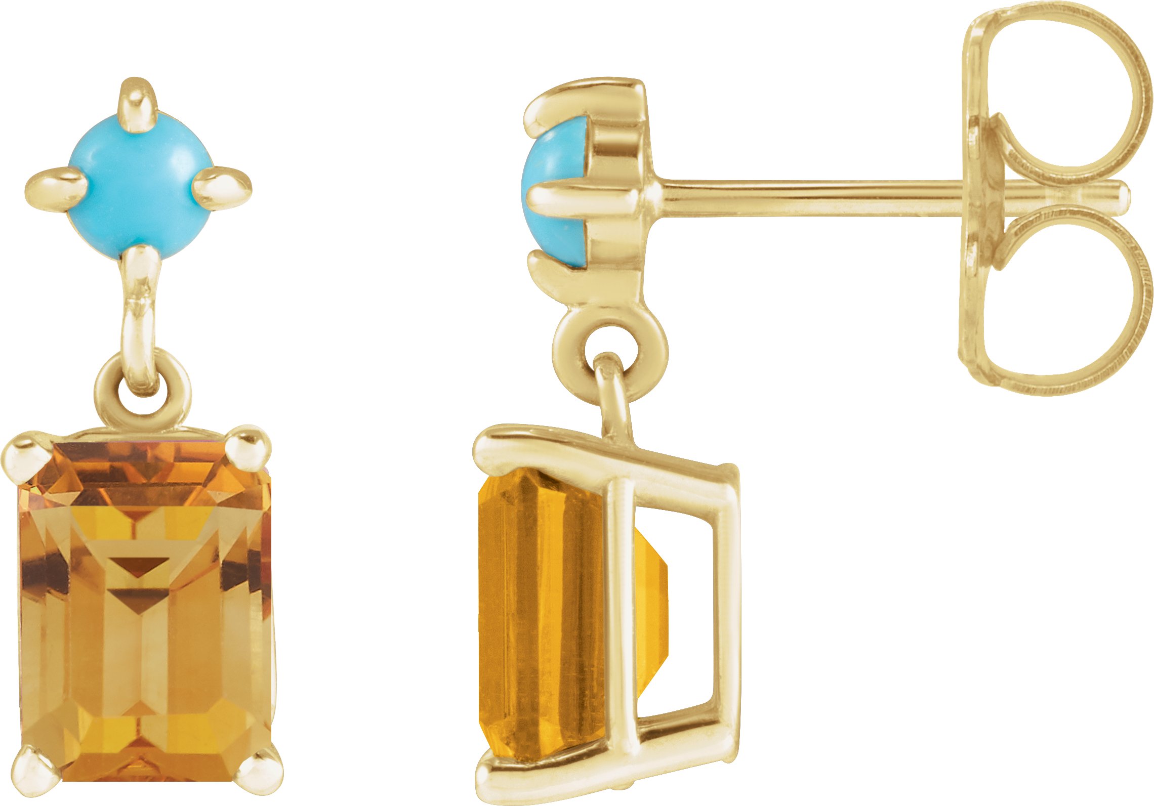 14K Yellow Natural Citrine & Natural Turquoise  Earrings