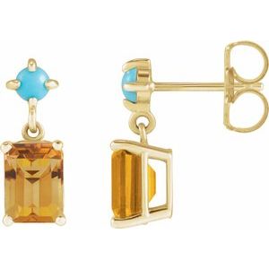 14K Yellow Natural Citrine & Natural Turquoise  Earrings