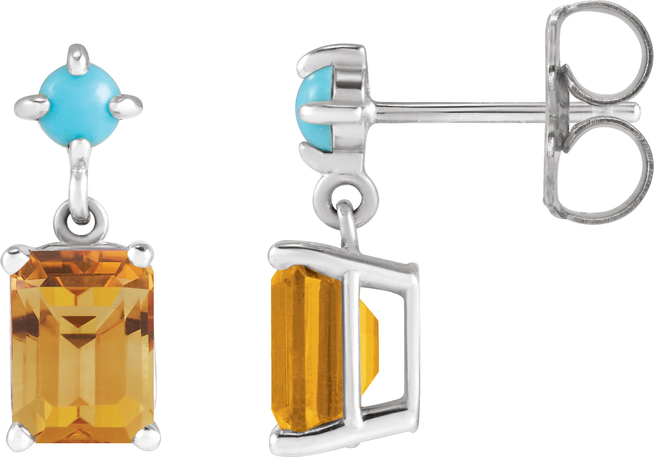 14K White Natural Citrine & Natural Turquoise  Earrings