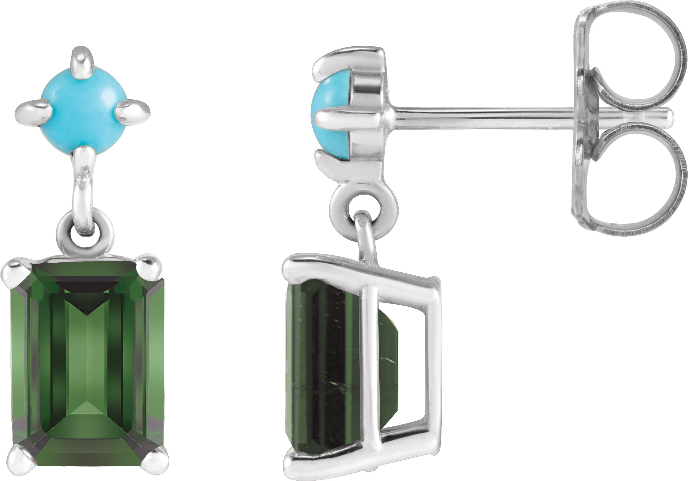 14K White Natural Green Tourmaline & Natural Turquoise Earrings