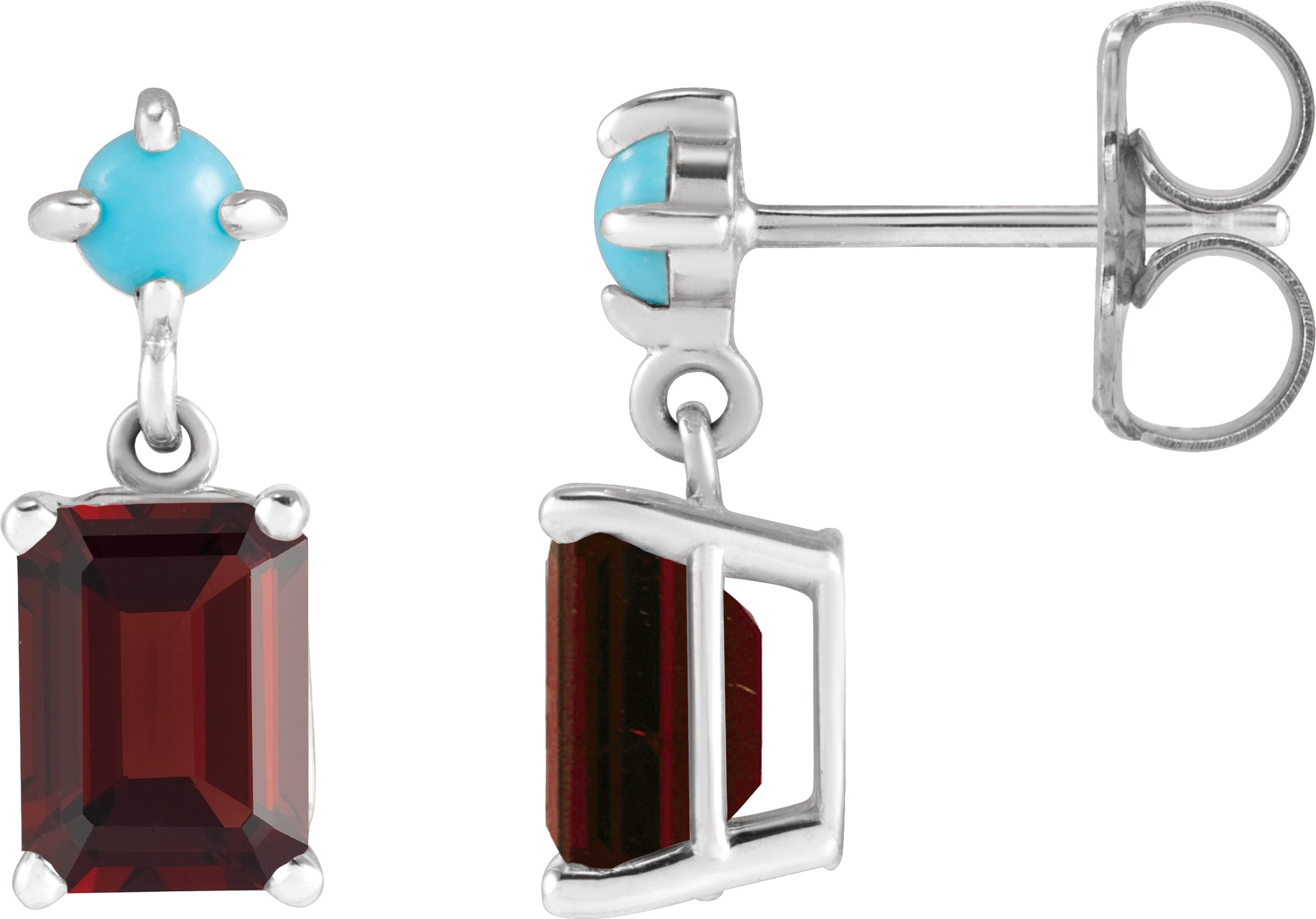 14K White Natural Mozambique Garnet & Natural Turquoise Earrings