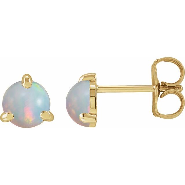 14K Yellow Cabochon Natural White Opal Stud Earrings