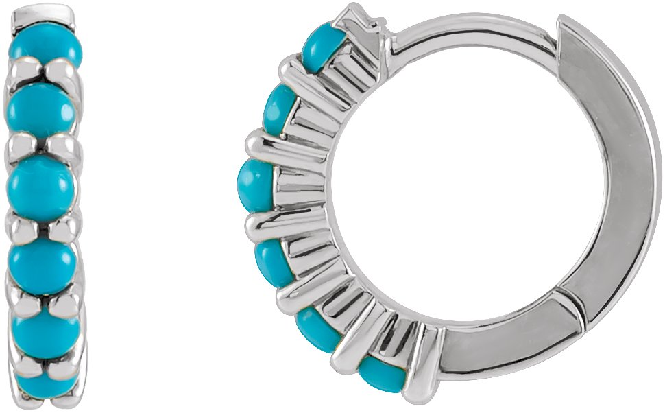 14K White Natural Turquoise 12.2 mm Huggie Hoop Earrings