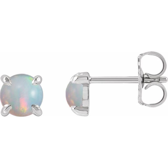 14K White Cabochon Natural White Opal 4-Prong Claw Earrings