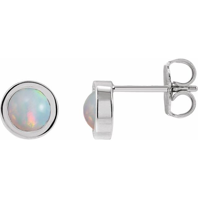 Platinum Cabochon Natural White Opal Bezel-Set Solitaire Earrings