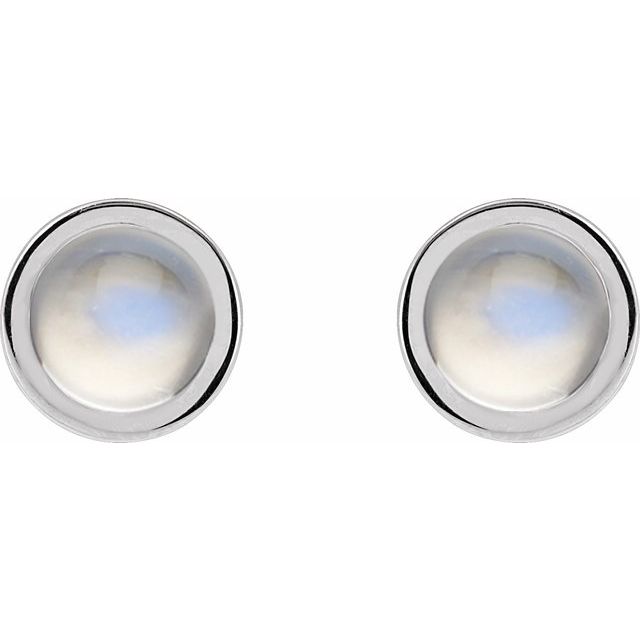 14K White Cabochon Natural Rainbow Moonstone Bezel-Set Solitaire Earrings