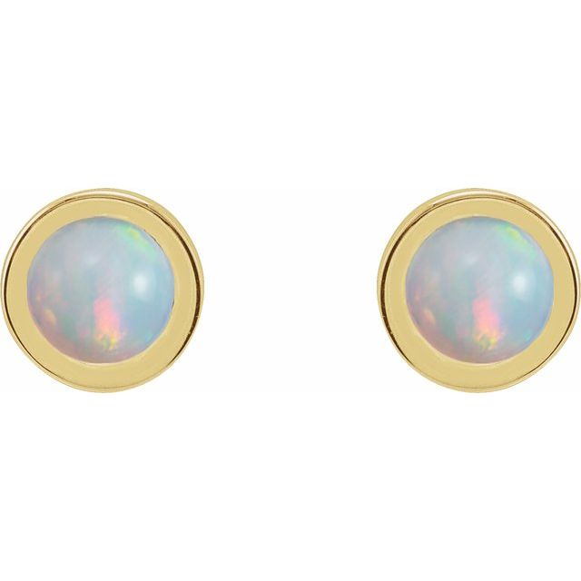 14K Yellow Cabochon Natural White Opal Bezel-Set Solitaire Earrings