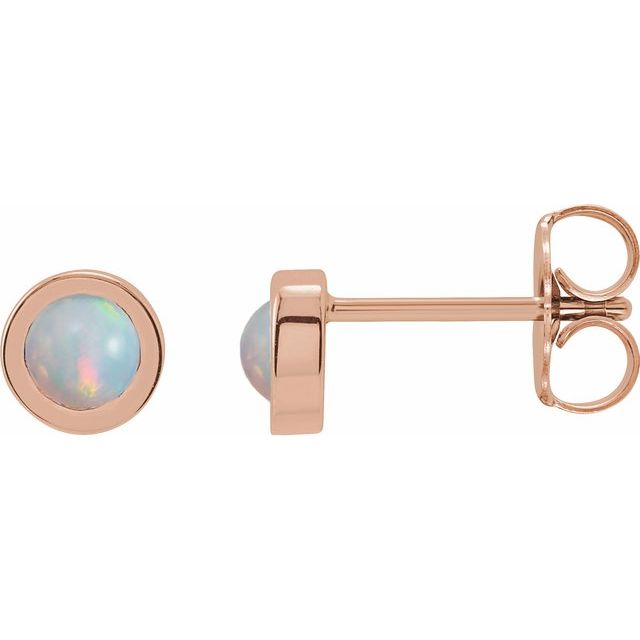 14K Rose Cabochon Natural White Opal Bezel-Set Solitaire Earrings