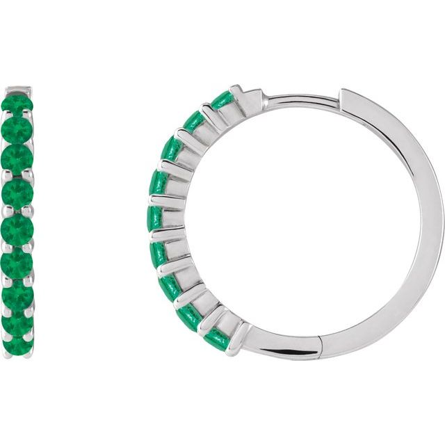 14K White Natural Emerald 20 mm Huggie Hoop Earrings