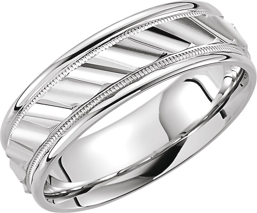 14K White 6.75 mm Ridged Band with Milgrain Size 10