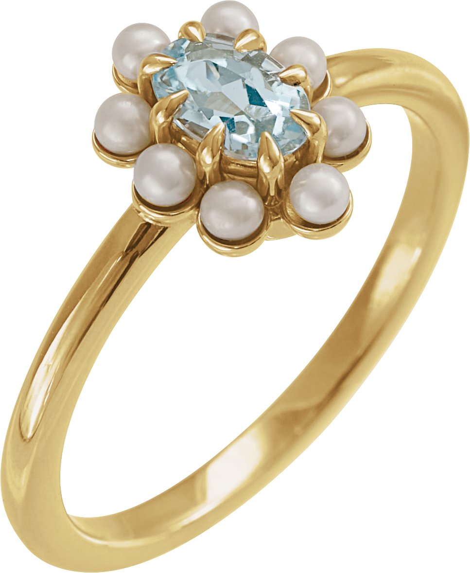 14K Yellow Natural Sky Blue Topaz & Cultured White Seed Pearl Halo-Style Ring