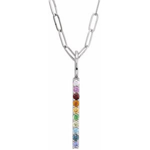 14K White Natural Multi-Gemstone Rainbow Bar 18" Necklace