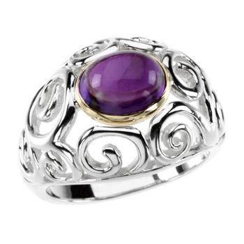 Sterling Silver and 14K Yellow Amethyst Scroll Design Ring Ref 2520594