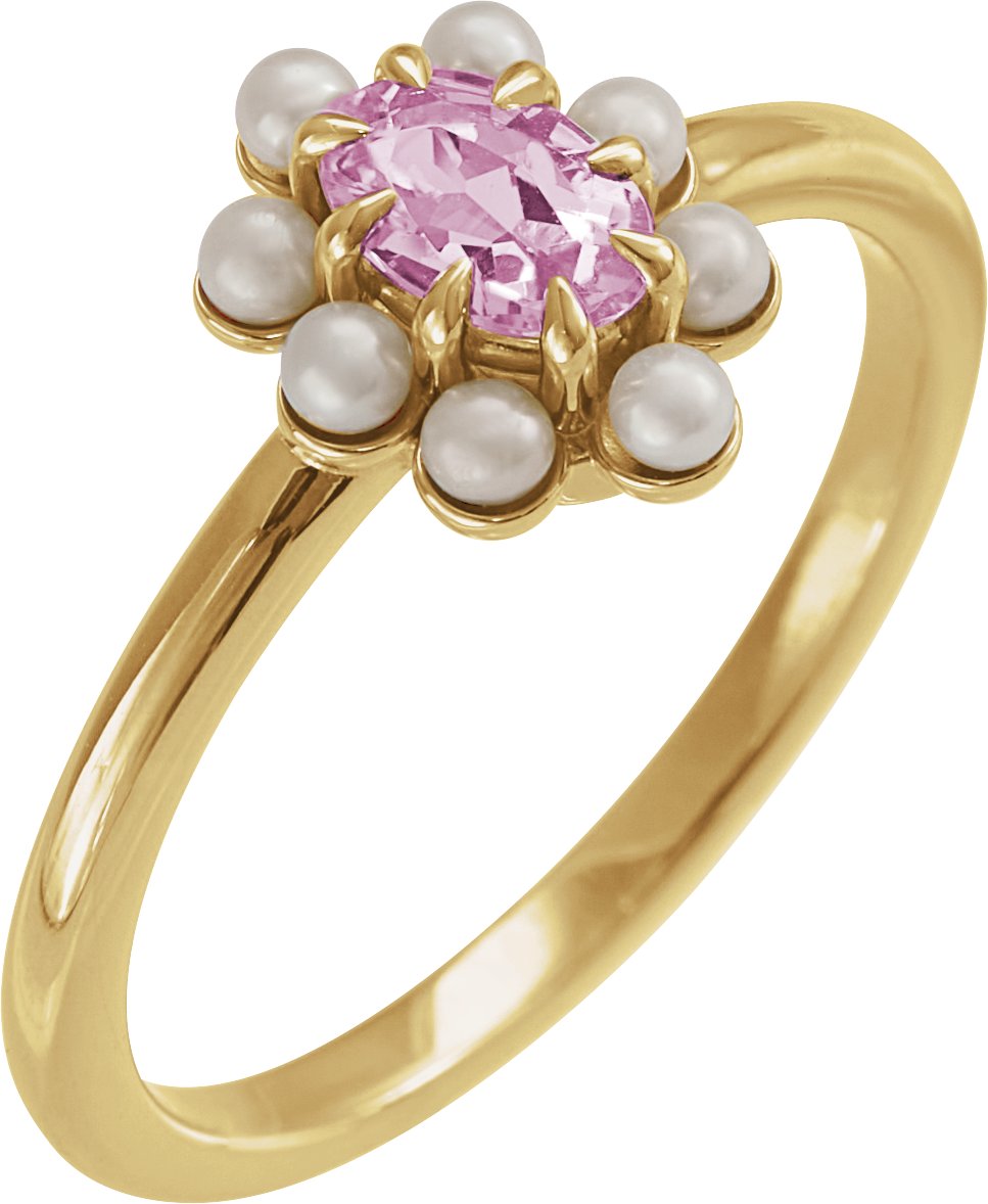 14K Yellow Natural Pink Tourmaline & Cultured White Seed Pearl Halo-Style Ring