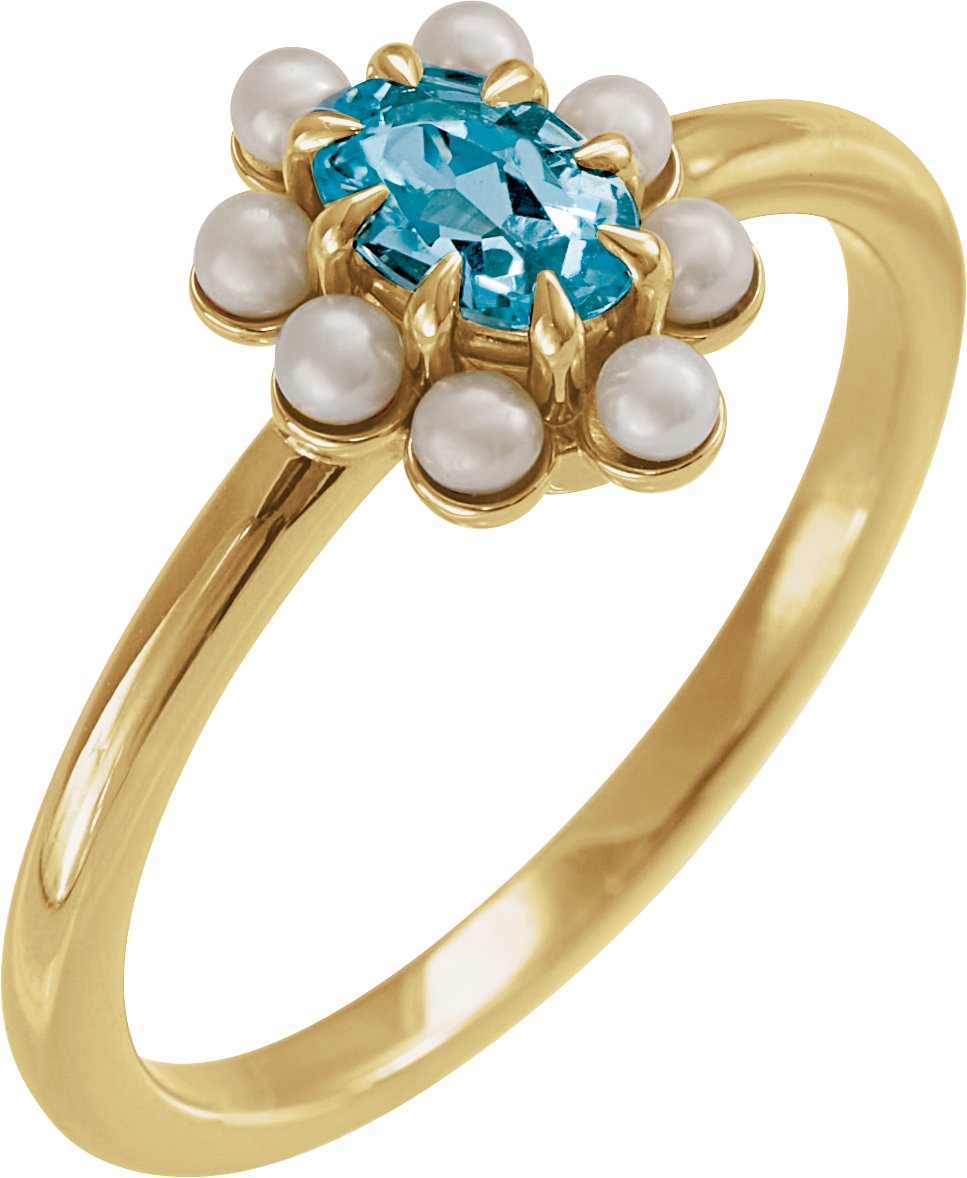 14K Yellow Natural London Blue Topaz & Cultured White Seed Pearl Halo-Style Ring