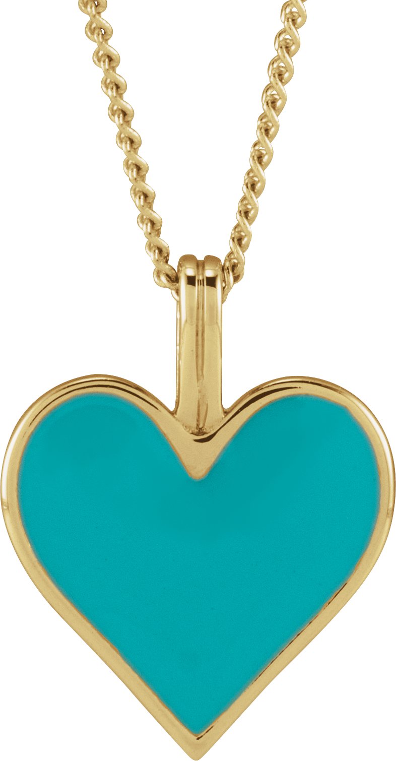 14K Yellow Light Turquoise Enamel Heart 18" Necklace 