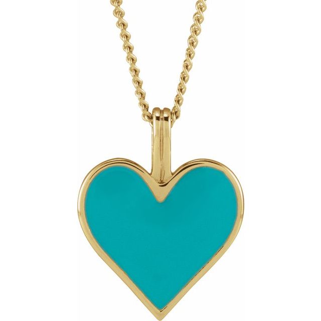 14K Yellow Light Turquoise Enamel Heart 18 Necklace 