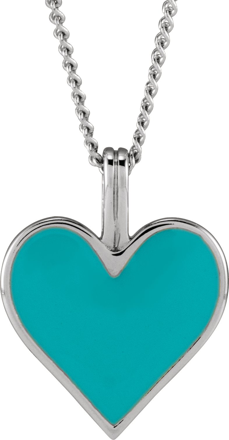 14K White Light Turquoise Enamel Heart 18" Necklace 