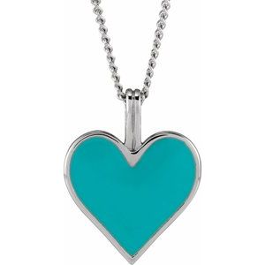 14K White Light Turquoise Enamel Heart 18" Necklace 