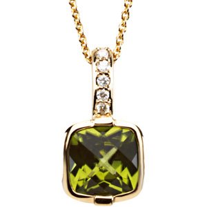 14K Yellow Checkerboard Natural Peridot & .05 CTW Natural Diamond 18" Necklace