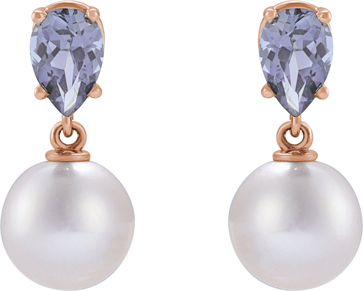 14K Rose Cultured White Akoya Pearl & Natural Tanzanite Earrings