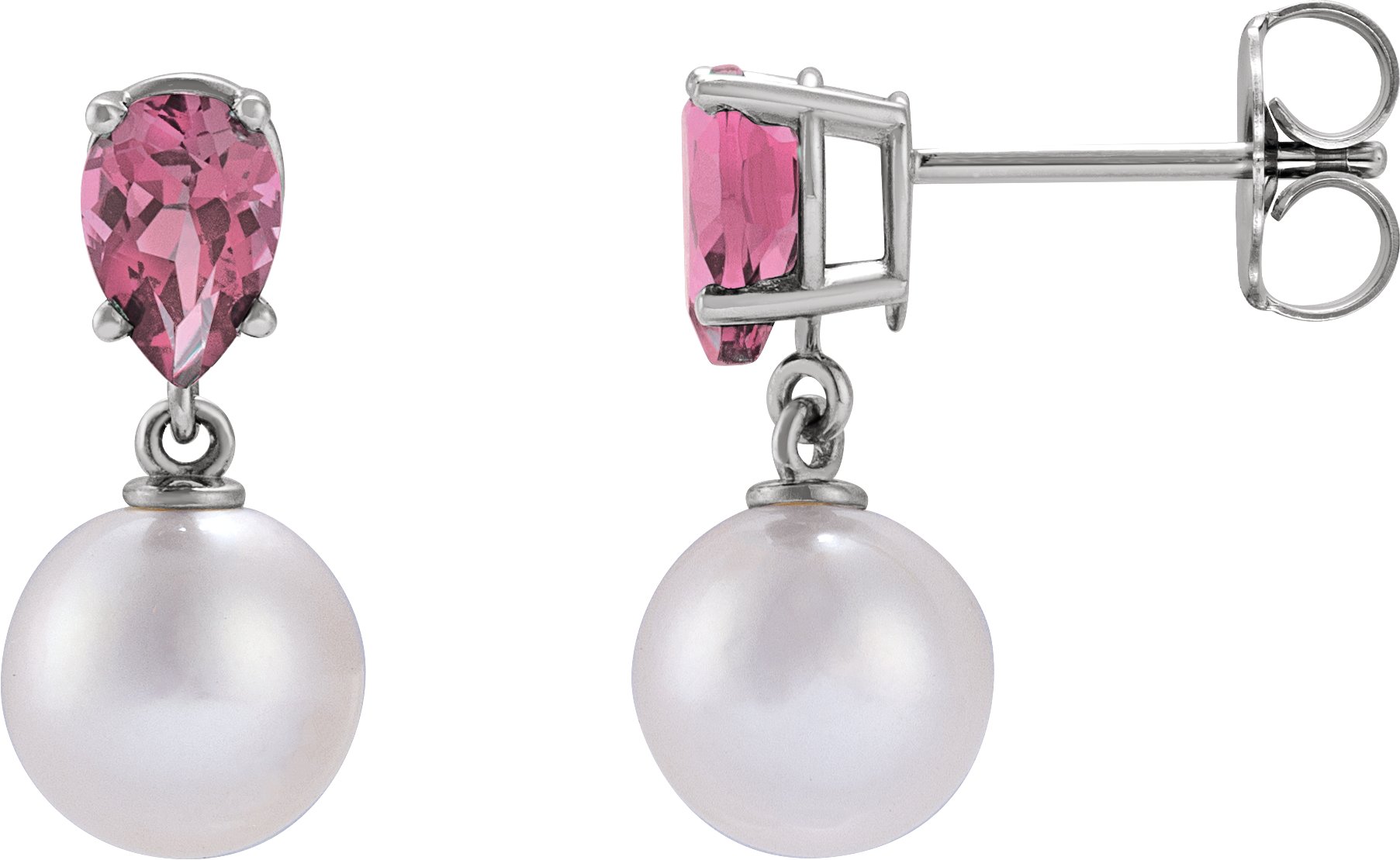 Sterling Silver Cultured White Akoya Pearl and Natural Pink Tourmaline Earrings Ref 21067180