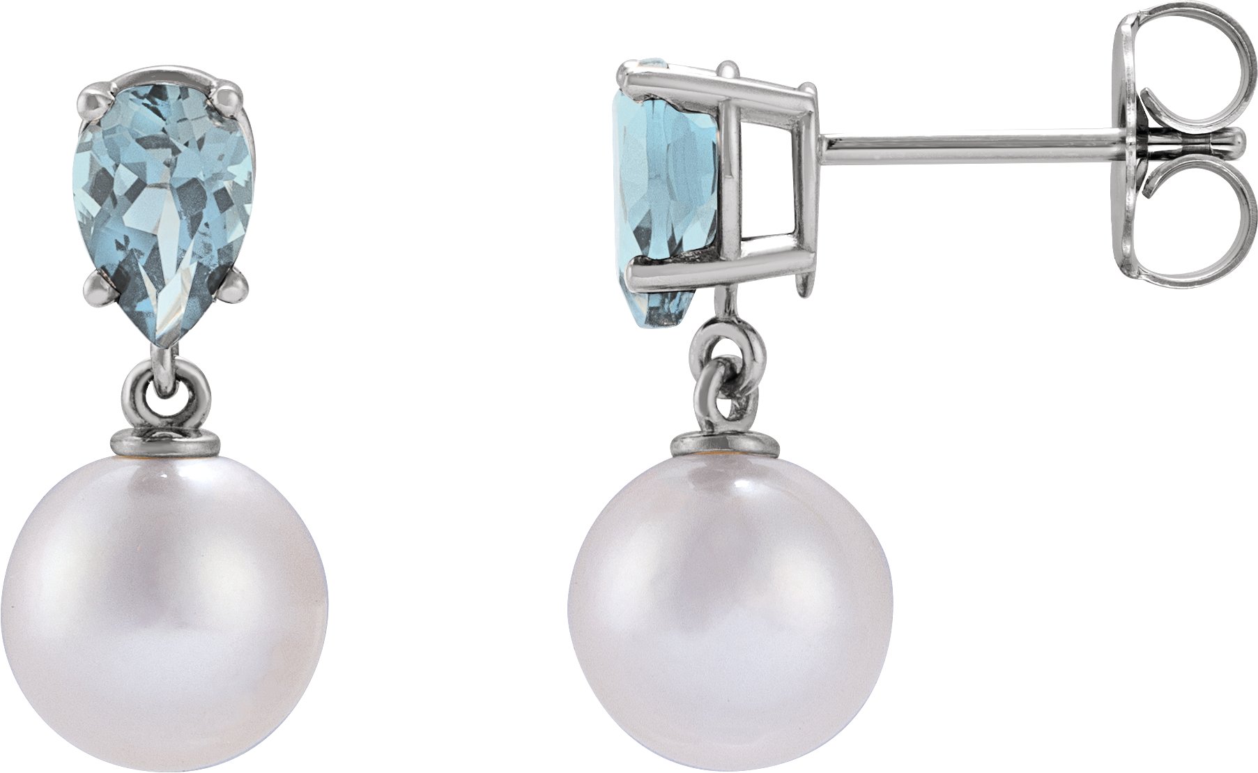 Platinum Cultured White Akoya Pearl and Natural Aquamarine Earrings Ref 21067174