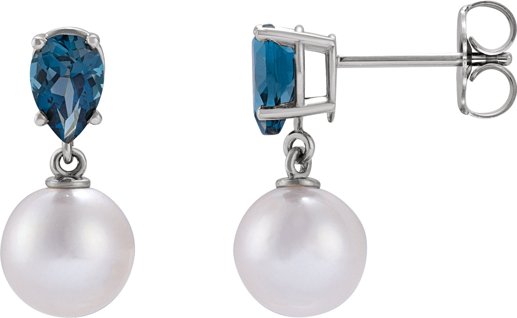 14K White Cultured White Akoya Pearl and Natural London Blue Topaz Earrings Ref 21067164