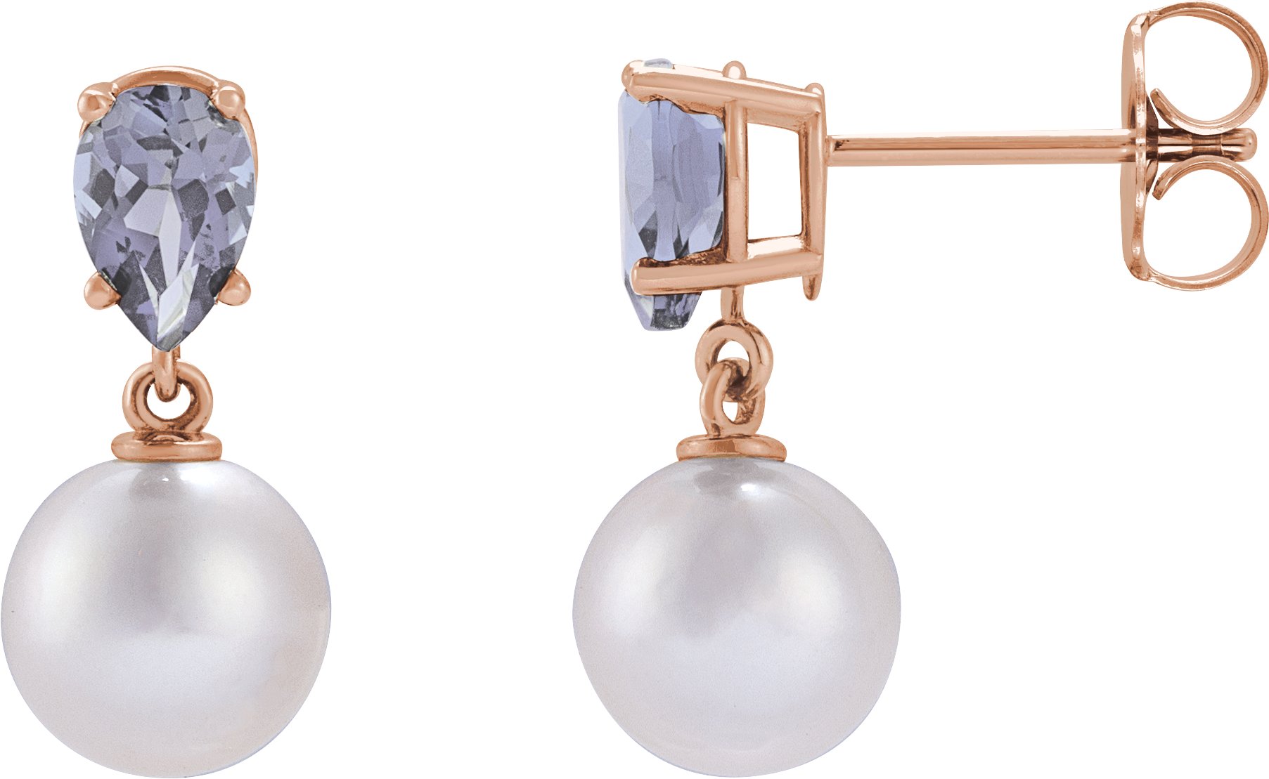 14K Rose Cultured White Akoya Pearl & Natural Tanzanite Earrings