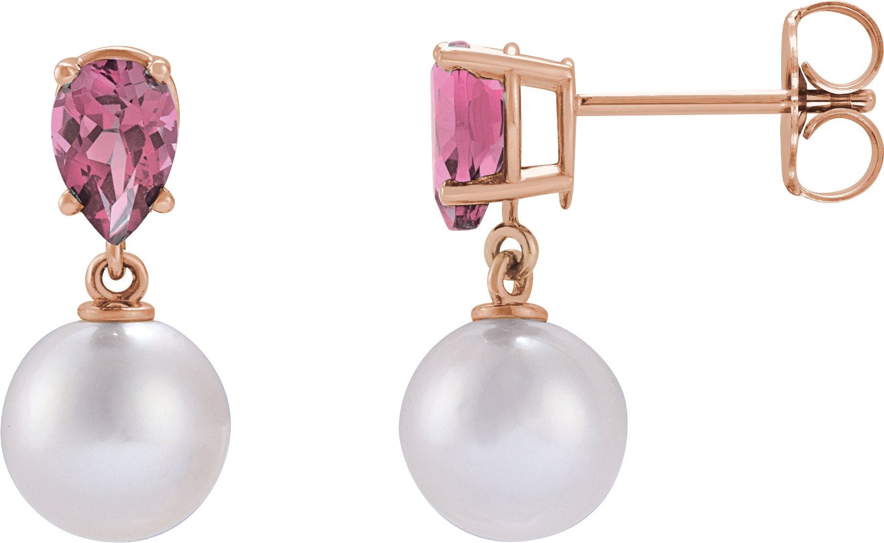 14K Rose Cultured White Akoya Pearl and Natural Pink Tourmaline Earrings Ref 21067179