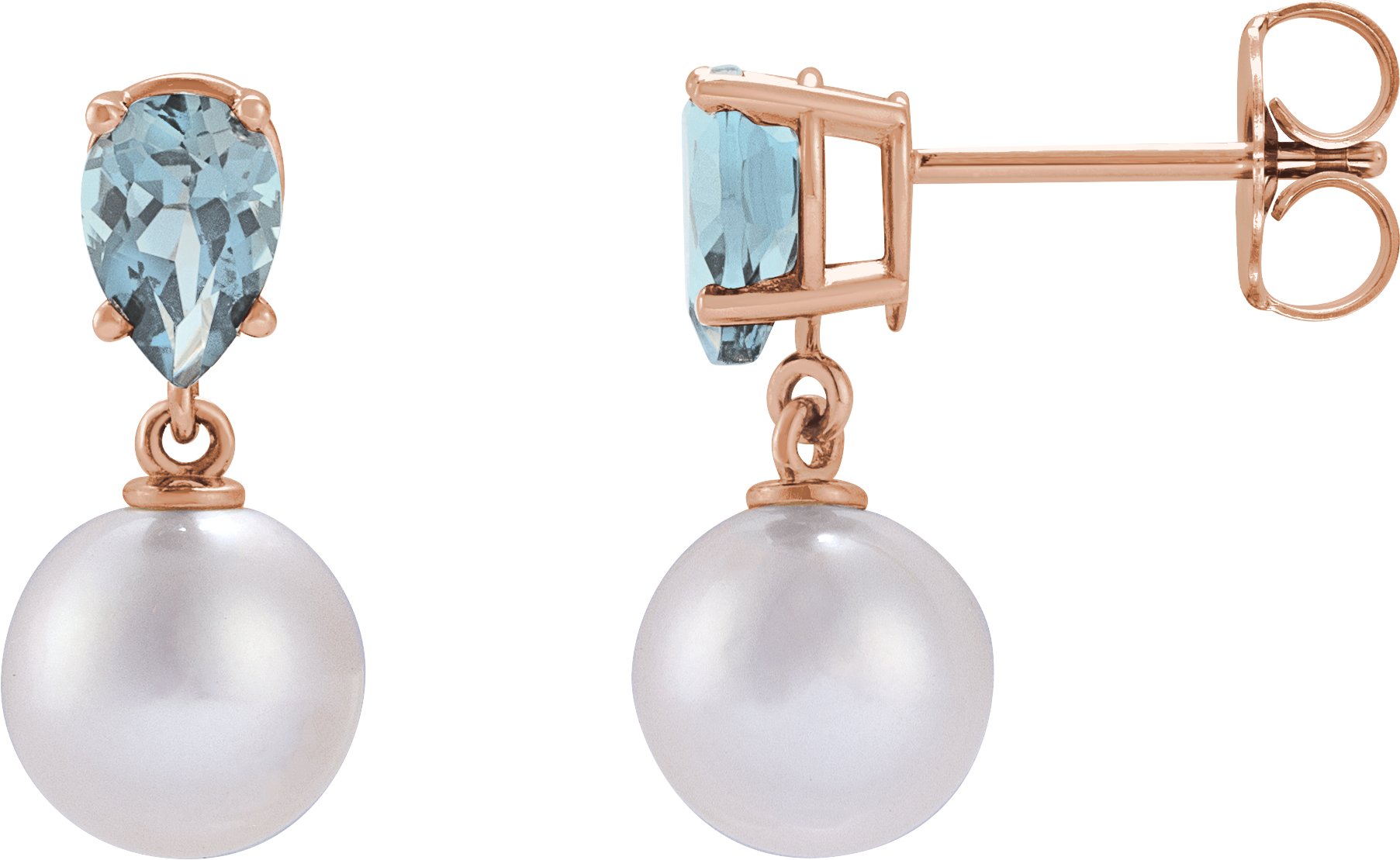 14K Rose Cultured White Akoya Pearl and Natural Aquamarine Earrings Ref 21067170