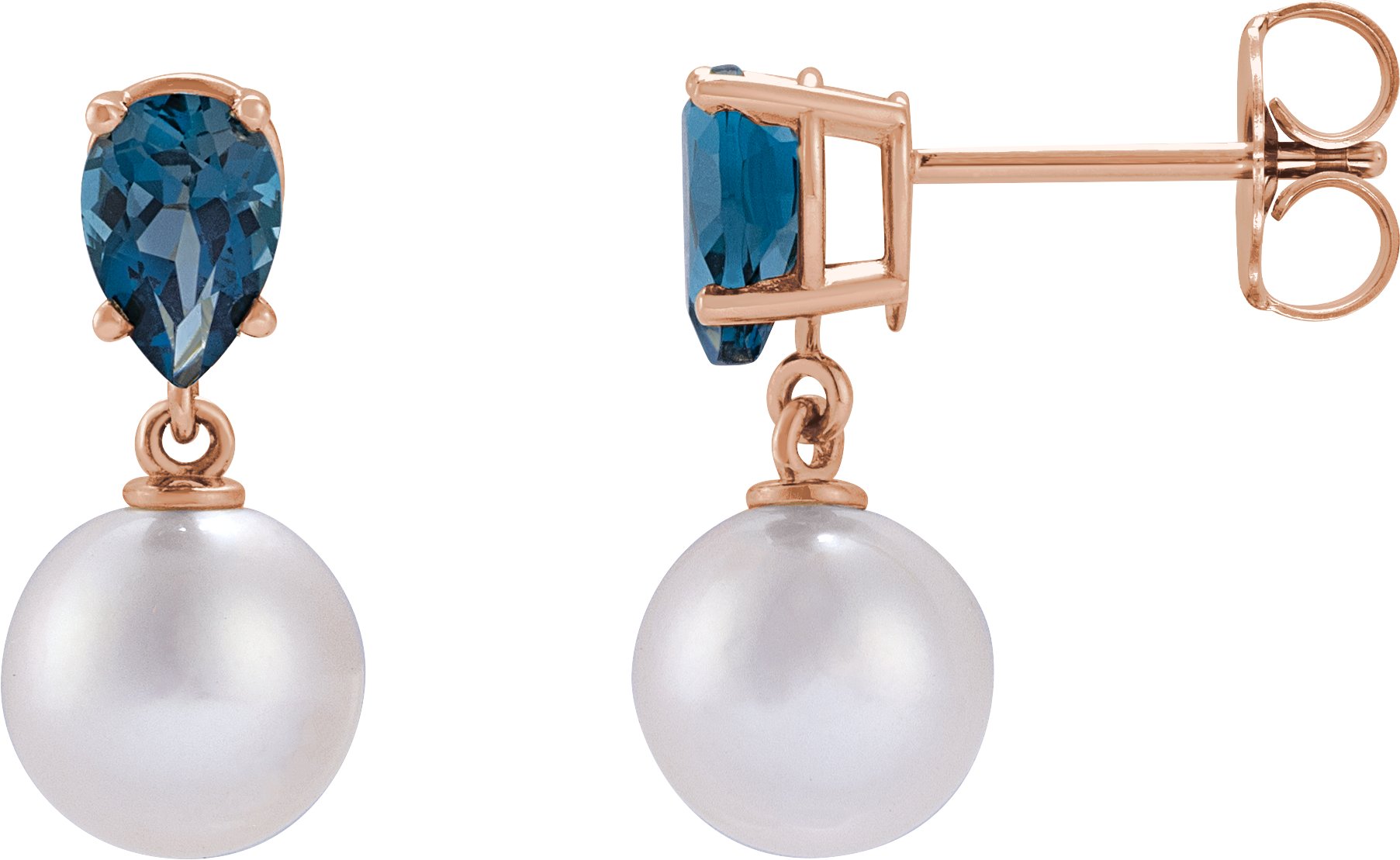 14K Rose Cultured White Akoya Pearl and Natural London Blue Topaz Earrings Ref 21067167