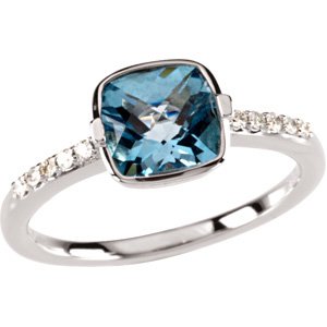 14K White Swiss Blue Topaz & 1/10 CTW Diamond Ring