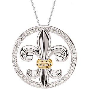 Sterling Silver & 14K Yellow Imitation White Cubic Zirconia Fleur-de-lis 18" Necklace 