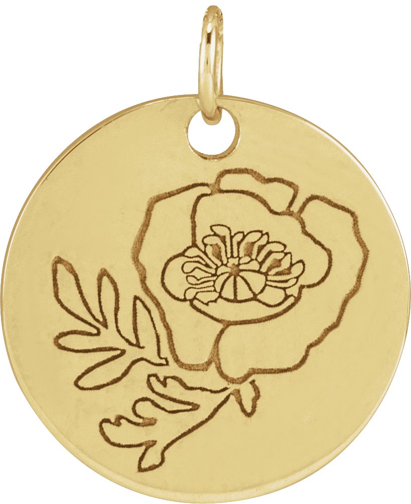 14K Yellow Poppy August Birth Flower Pendant