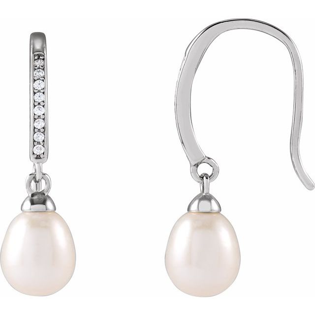 Rhodium-Plated Sterling Silver Cultured White Freshwater Pearl & Imitation Cubic Zirconia Earrings
