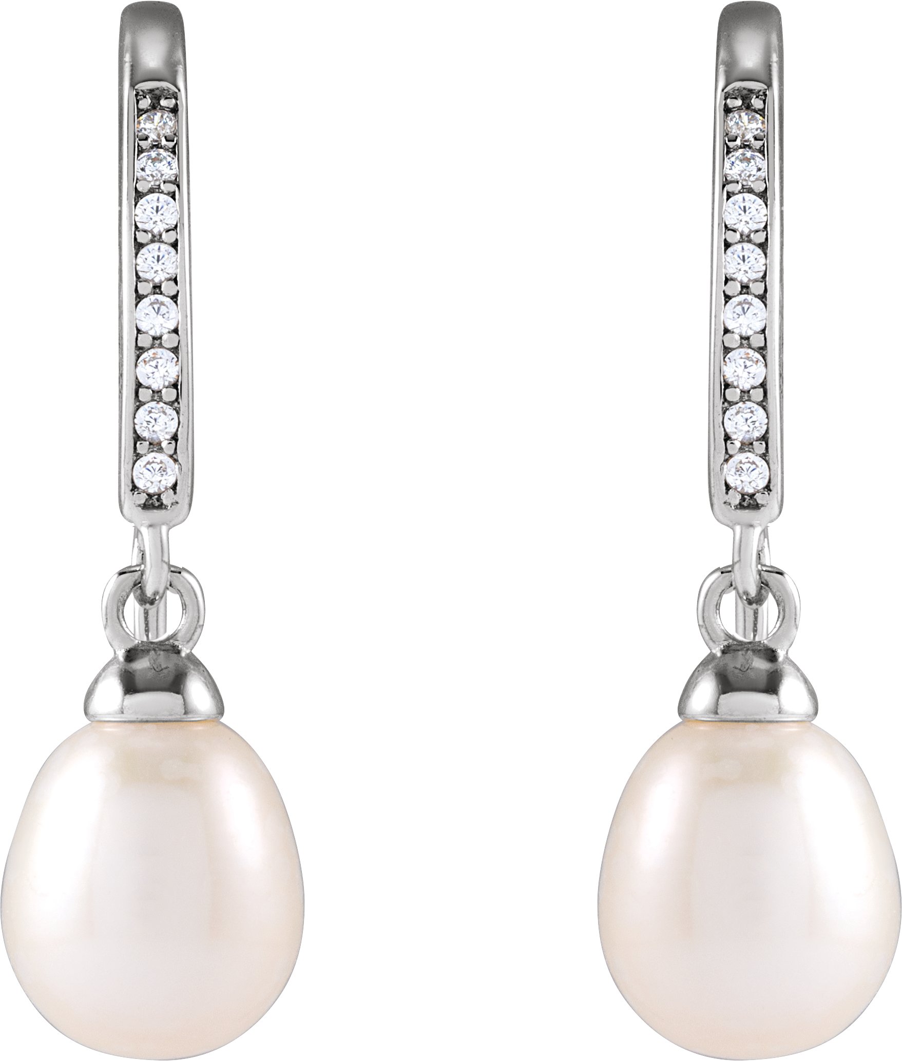 Rhodium-Plated Sterling Silver Cultured White Freshwater Pearl & Imitation Cubic Zirconia Earrings