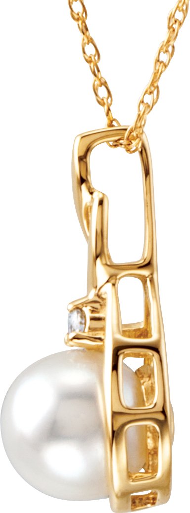 Alternative view of Cultured White Akoya Pearl And .03 CTW Natural Diamond Necklace – 14K Yellow Gold